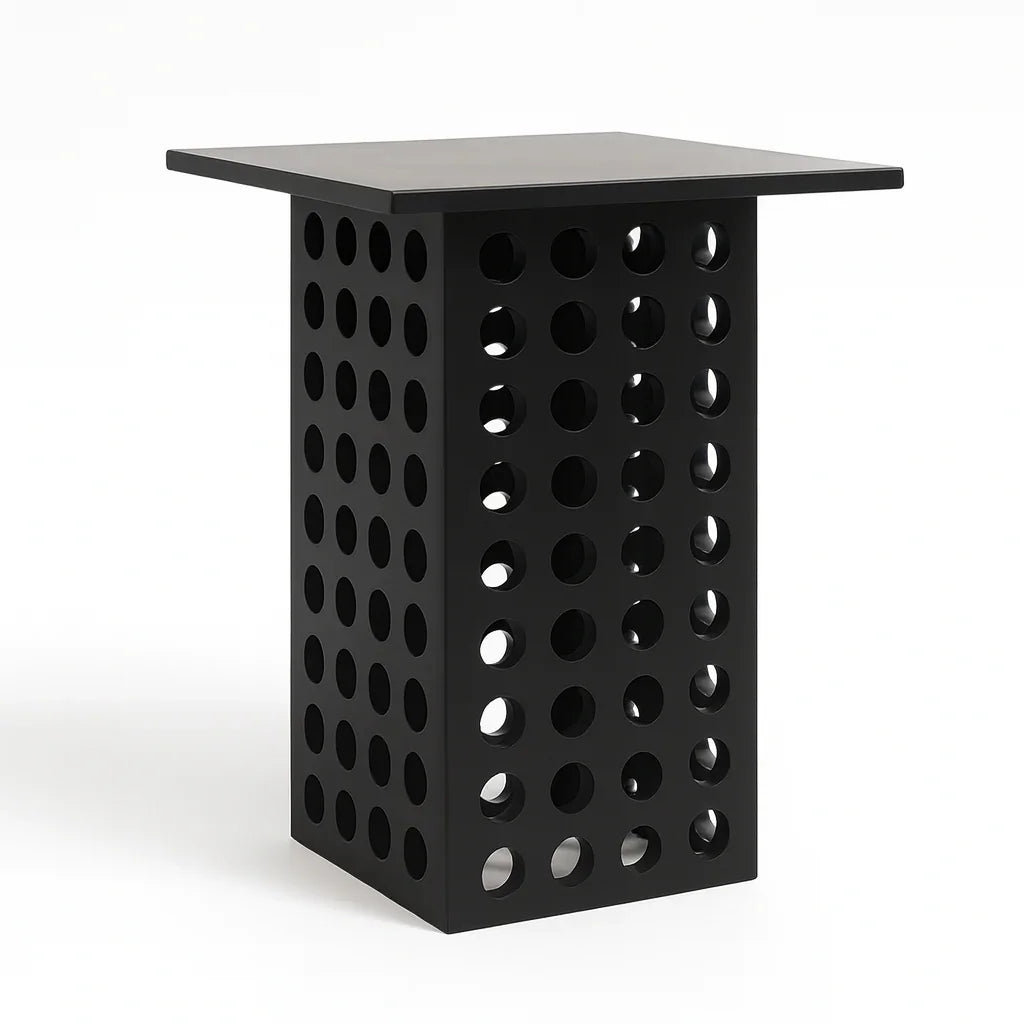 Modern black side table with square top and perforated cylindrical base, luxury home decor