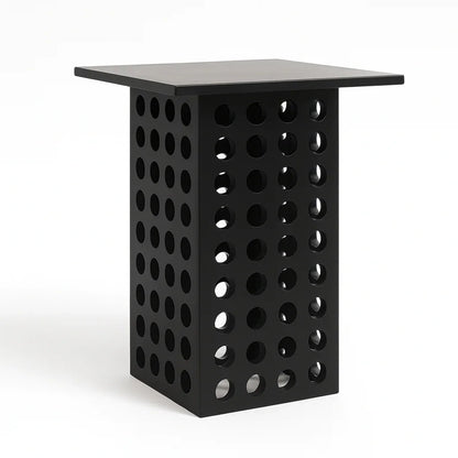 Modern black side table with square top and perforated cylindrical base, luxury home decor