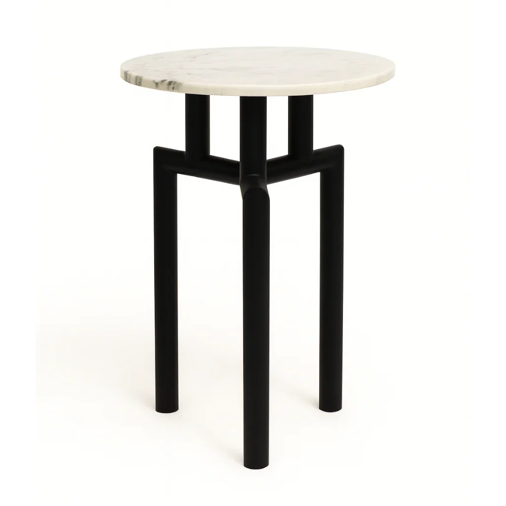 Modern round marble top side table with black metal legs, luxury home accent furniture