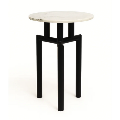 Modern round marble top side table with black metal legs, luxury home accent furniture