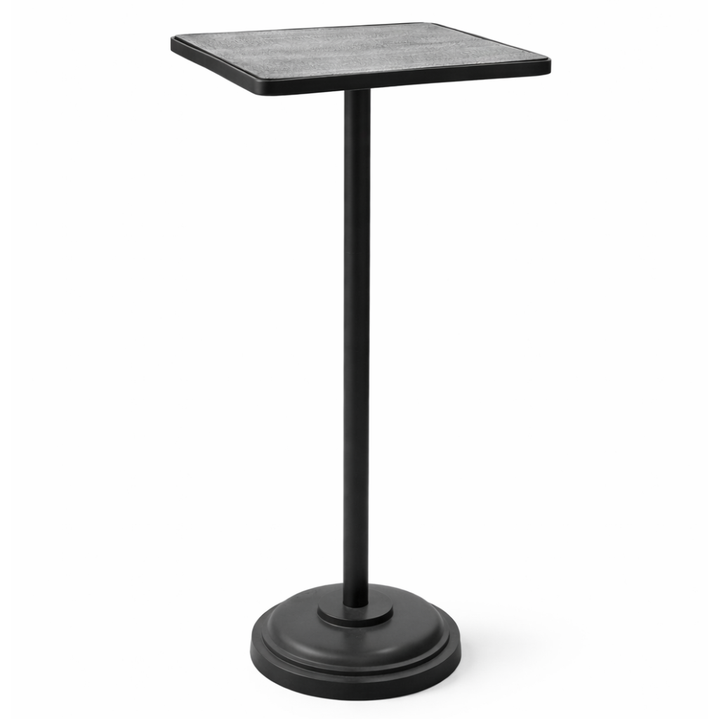 Brich & Bronze Eclipse Drink Table with round wooden top and sleek metal base, modern accent for living or patio spaces.