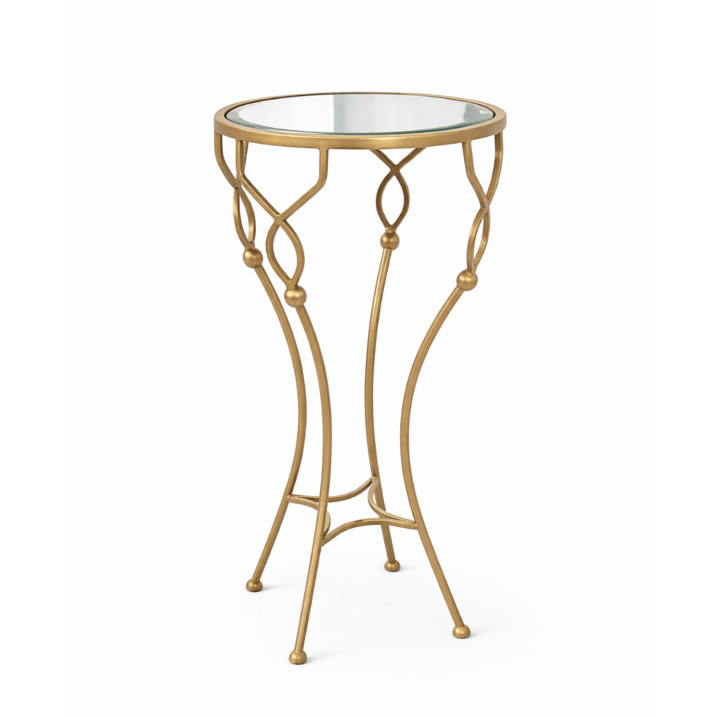 Brich & Bronze Elvara side table with antique brass frame and glass top, modern accent piece for living room decor