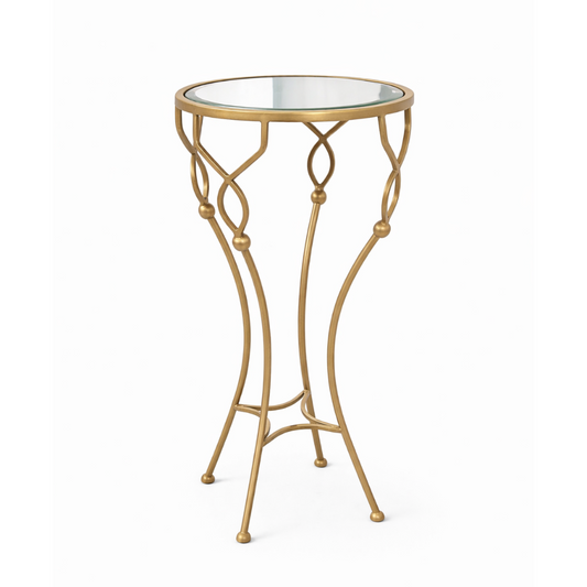 Brich & Bronze Elvara side table with antique brass frame and glass top, modern accent piece for living room decor