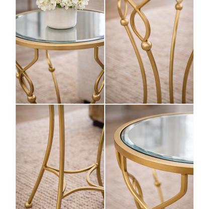 Elvara side table with antique brass finish and glass top by Brich & Bronze, featuring a sleek, modern accent table design.