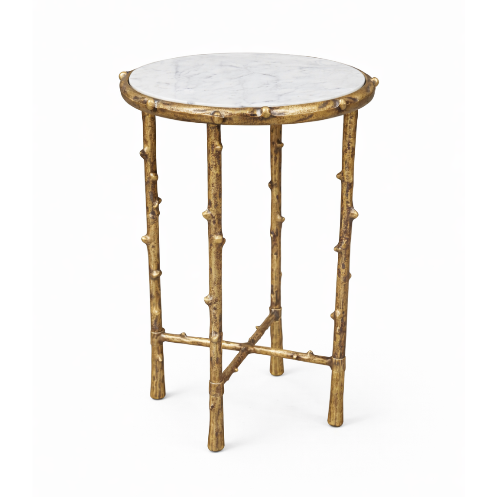 Brivelle side table by Brich & Bronze with gold leaf finish and white marble top, modern accent table for living spaces.