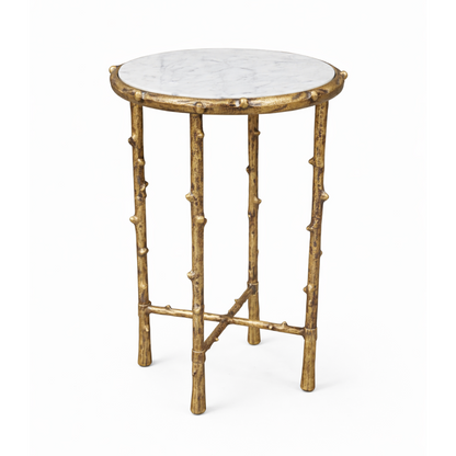 Brivelle side table by Brich & Bronze with gold leaf finish and white marble top, modern accent table for living spaces.