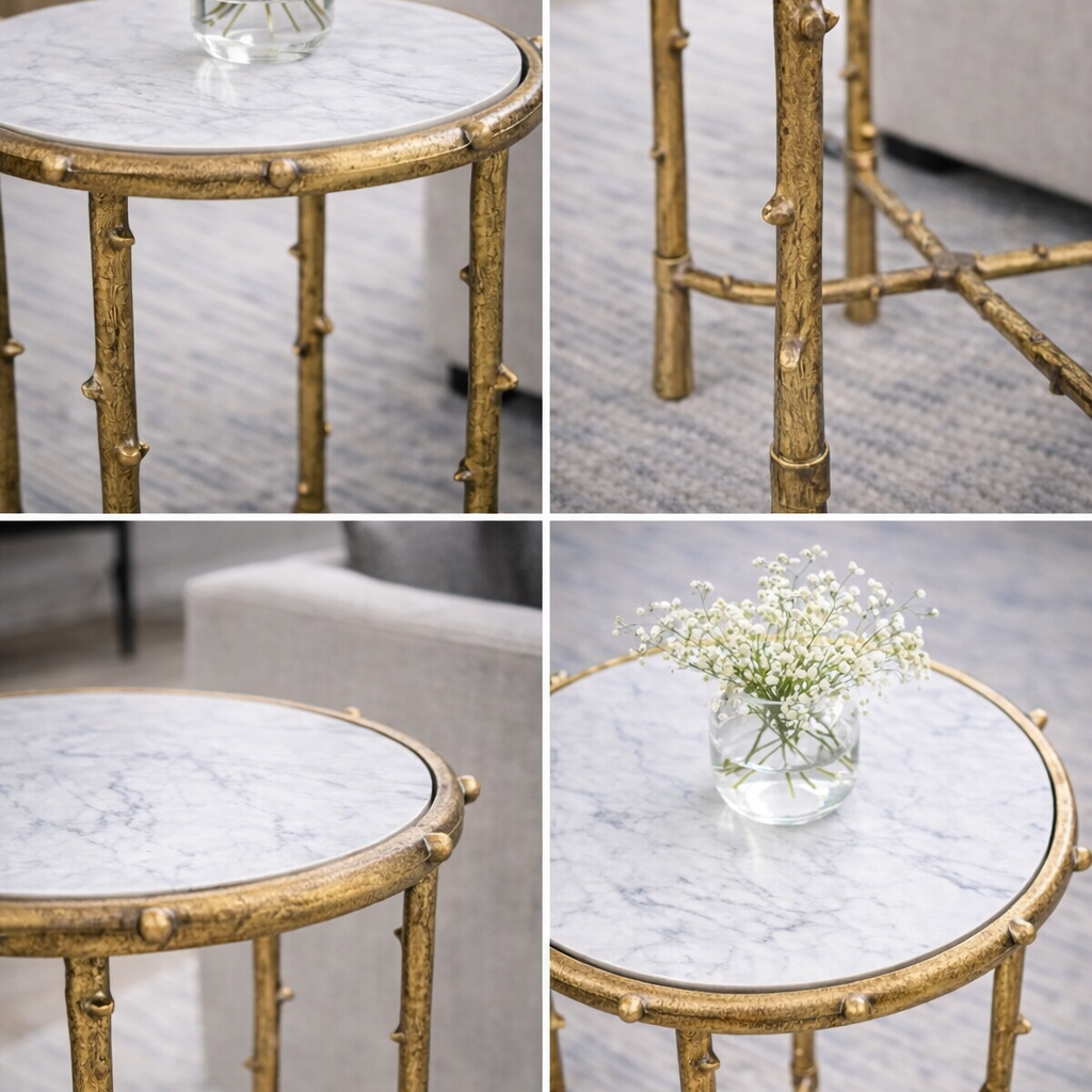 Brivelle gold leaf and white marble accent side table by Brich & Bronze with sleek, modern design and elegant finish.