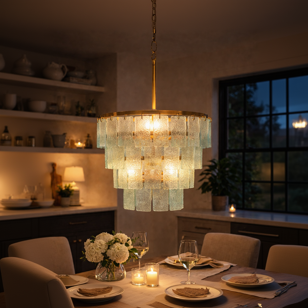 Elegant Celestia tiered glass chandelier with brass finish, designer lighting fixture by Kehf Al Fateh featuring multiple glass tiers.