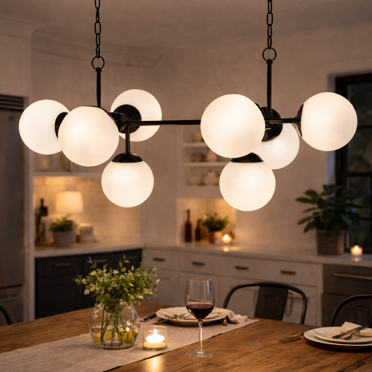 Kehf Al Fateh Orion 8-light linear globe chandelier with modern designer style, featuring eight glass globes on a sleek metal frame.