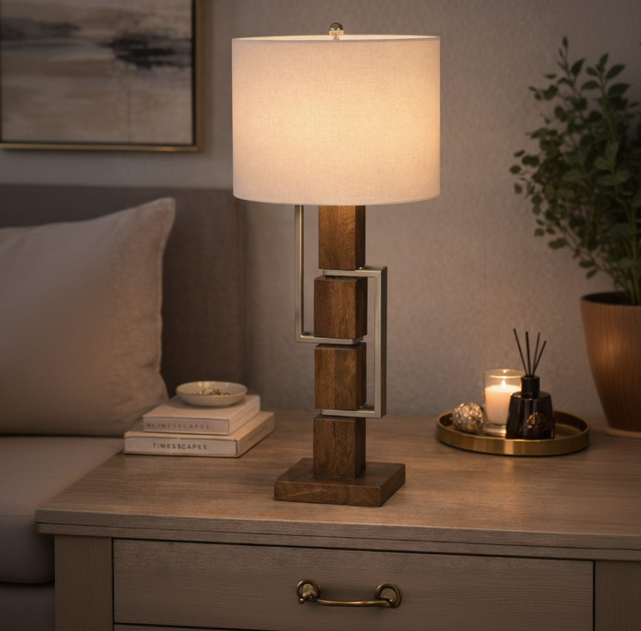 Designer Linear Frame Table Lamp in nickel and wood by Kehf Al Fateh, showcasing a modern geometric design with sleek metal and warm wood accents.