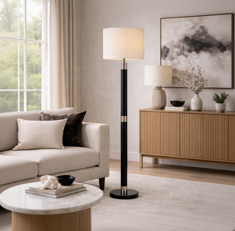 Kehf Al Fateh Monroe Luxe floor lamp in black and antique pewter with a modern designer design and sleek lighting structure.