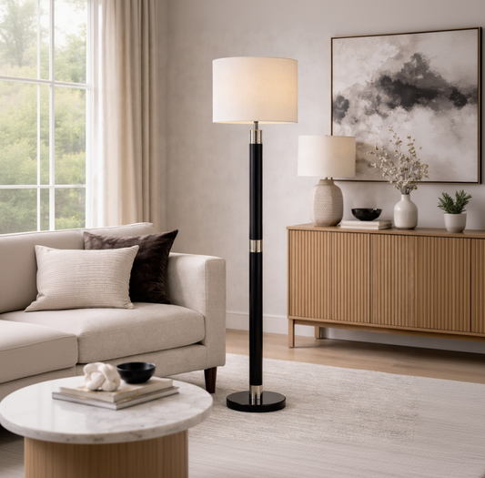 Kehf Al Fateh Monroe Luxe floor lamp in black and antique pewter with a modern designer design and sleek lighting structure.