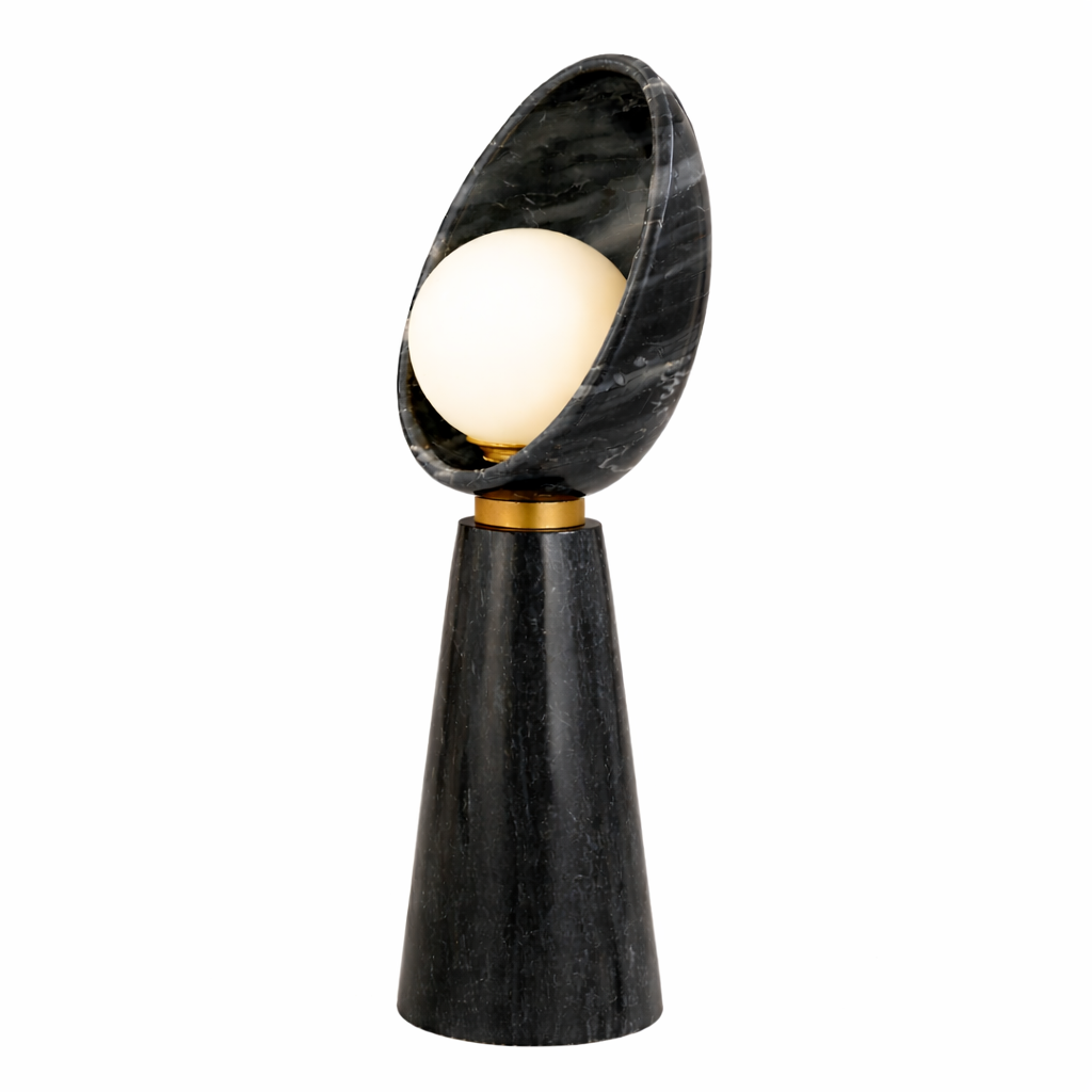 Kehf Al Fateh Nocturne Halo marble table lamp with a sleek designer style and modern white marble base.