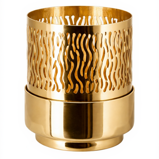 Small Liora Gold Hurricane by Brich & Bronze with intricate gold design, perfect for decorative lighting or centerpiece displays.