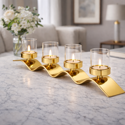 Small Brich & Bronze Celaro Wave Glass Candle Stand featuring a sleek, wavy design for decorative candle display.