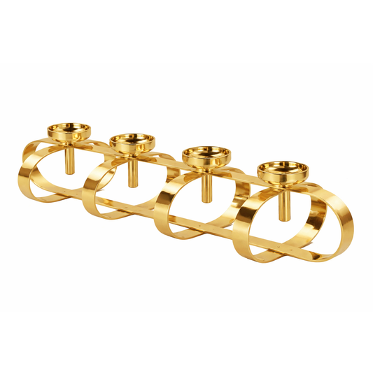 Gold four-candle holder with modern loop design, made of metal, ideal for stylish table décor and home decoration.