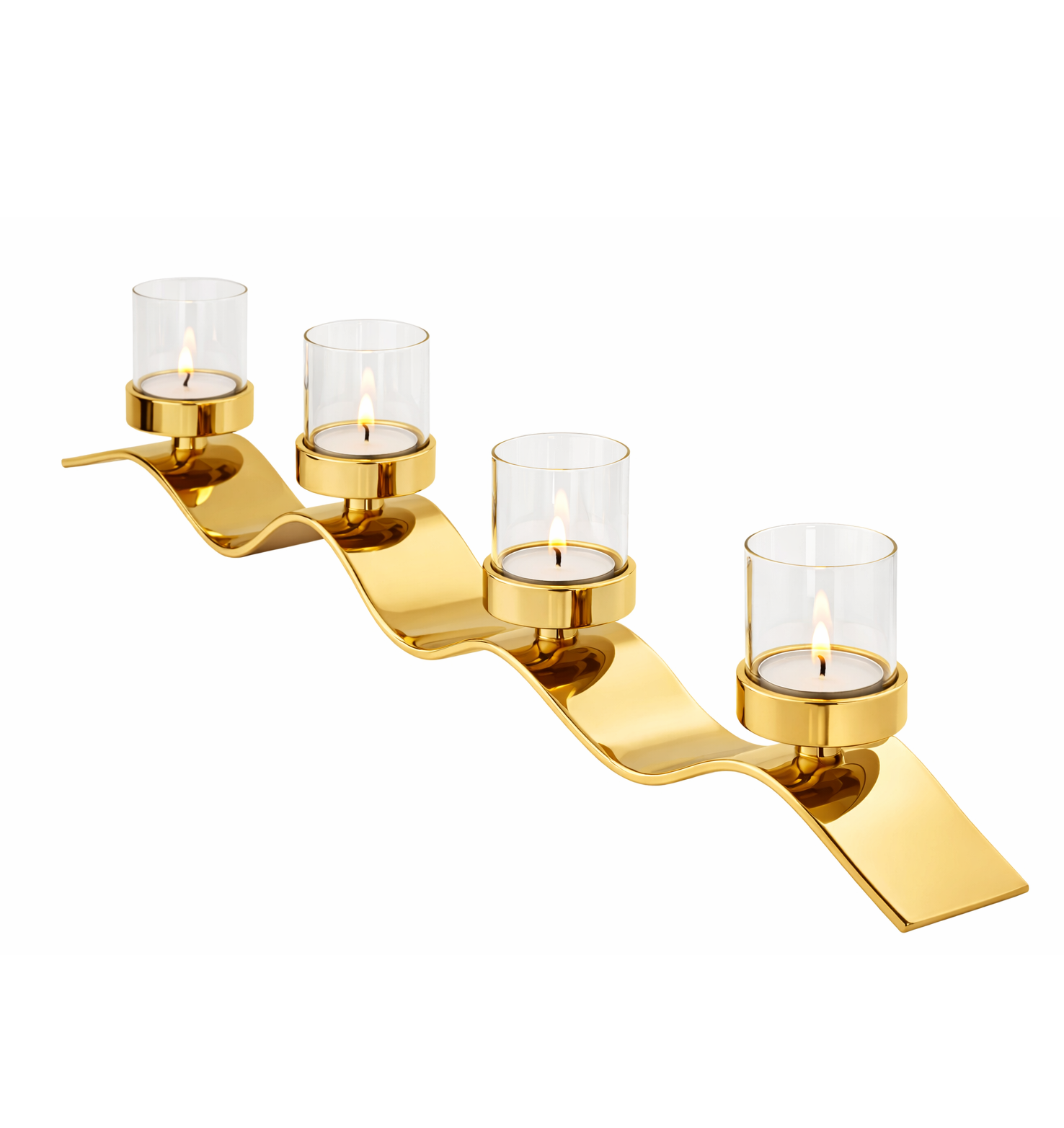 Large Celaro Wave Glass Candle Stand by Brich & Bronze, featuring a clear, wave-shaped glass design for elegant candle display.