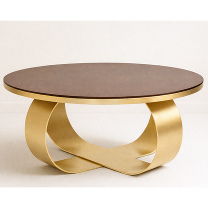Dark walnut wood infinity coffee table with black metal base by Brich & Bronze, showcasing a modern, sleek design.
