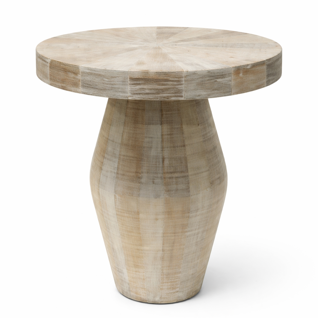 Whitewashed wood Sanibel side table by Brich & Bronze, round accent table with natural wood grain and simple design.