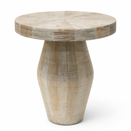 Whitewashed wood Sanibel side table by Brich & Bronze, round accent table with natural wood grain and simple design.