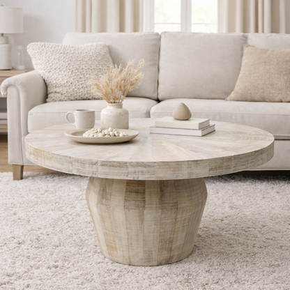 whitewash wood round coffee table for living room