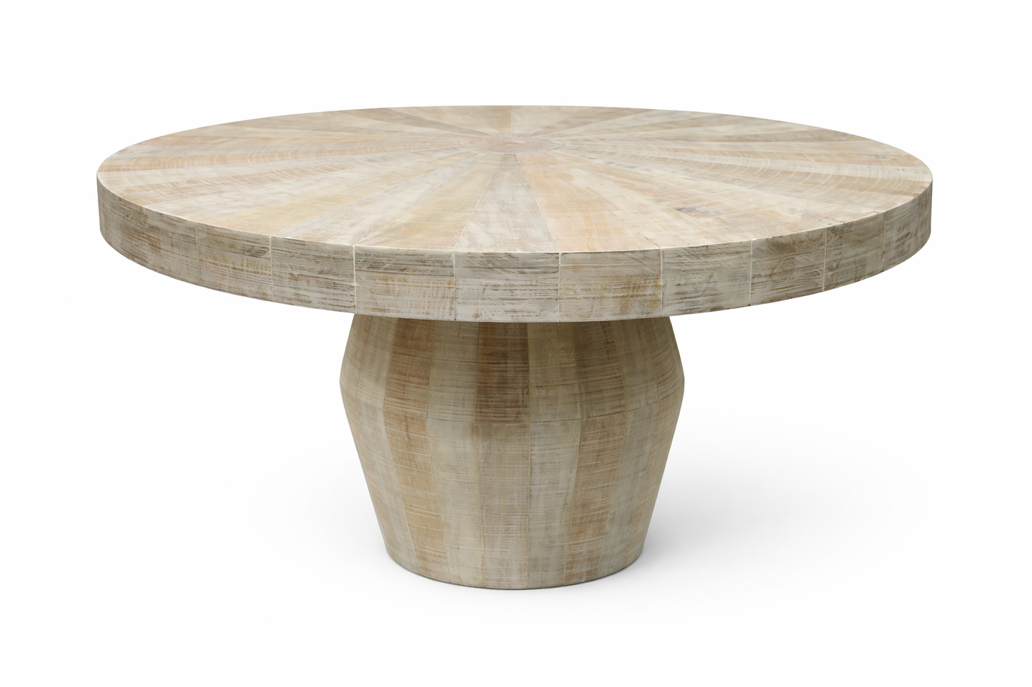 Whitewash wood Sanibel coffee table by Brich & Bronze, round shape with natural grain and smooth finish.
