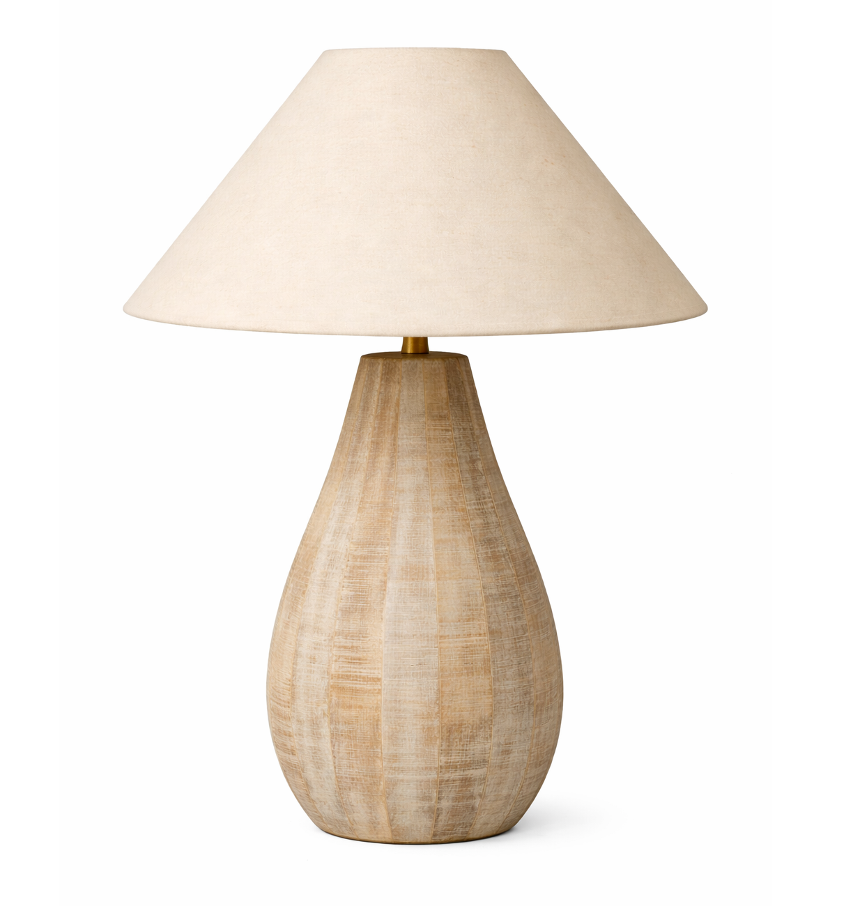 Whitewash wood Sanibel table lamp by Brich & Bronze, featuring a sleek, modern design with a fabric lampshade and wooden base.