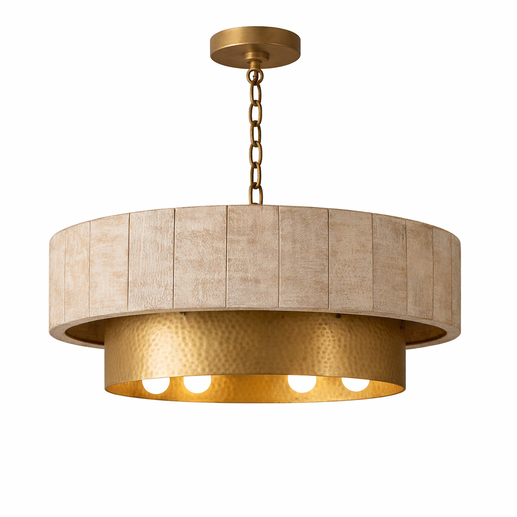 Whitewash wood drum chandelier with Brich & Bronze branding, featuring a modern design with a circular drum shape and intricate wood details.