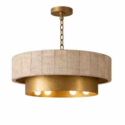 Whitewash wood drum chandelier with Brich & Bronze branding, featuring a modern design with a circular drum shape and intricate wood details.