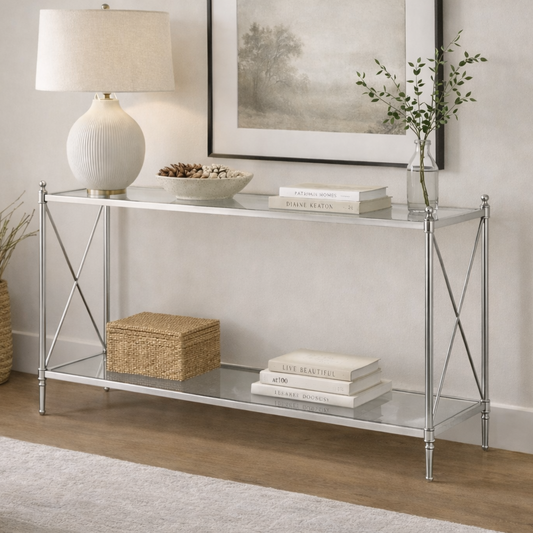 Opaluxe Console Table – Nickel &amp; Glass Modern Console Table