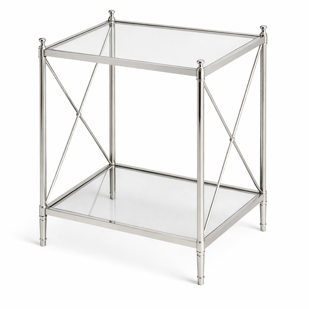 Brich & Bronze Opaluxe side table with nickel finish and glass top, modern accent table for living room decor.