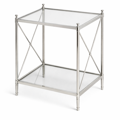 Brich & Bronze Opaluxe side table with nickel finish and glass top, modern accent table for living room decor.