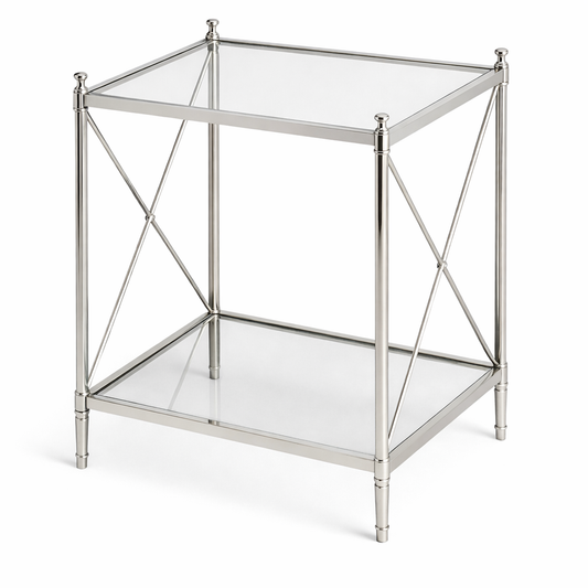 Brich & Bronze Opaluxe side table with nickel finish and glass top, modern accent table for living room decor.