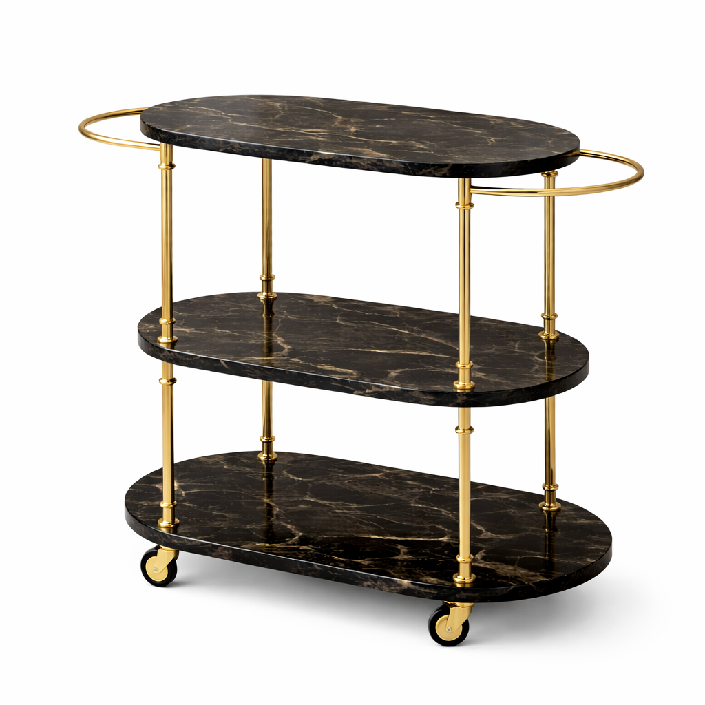 Brich & Bronze Elcoris bar cart with metal frame, wooden shelves, and wheels for stylish mobile beverage storage.