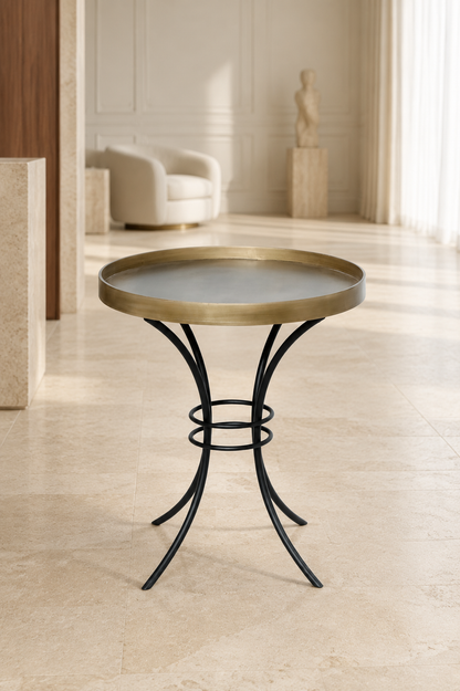 Orbit Curved-Frame Accent Table – Antique Brass & Black