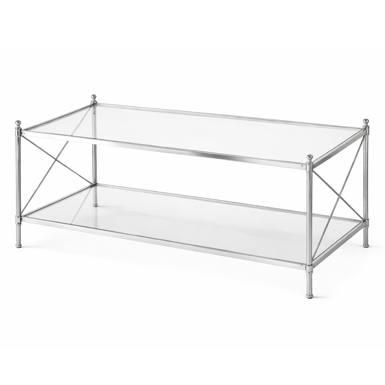Modern Opaluxe coffee table by Brich & Bronze featuring a nickel frame and glass top, showcasing sleek contemporary design.