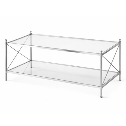 Modern Opaluxe coffee table by Brich & Bronze featuring a nickel frame and glass top, showcasing sleek contemporary design.