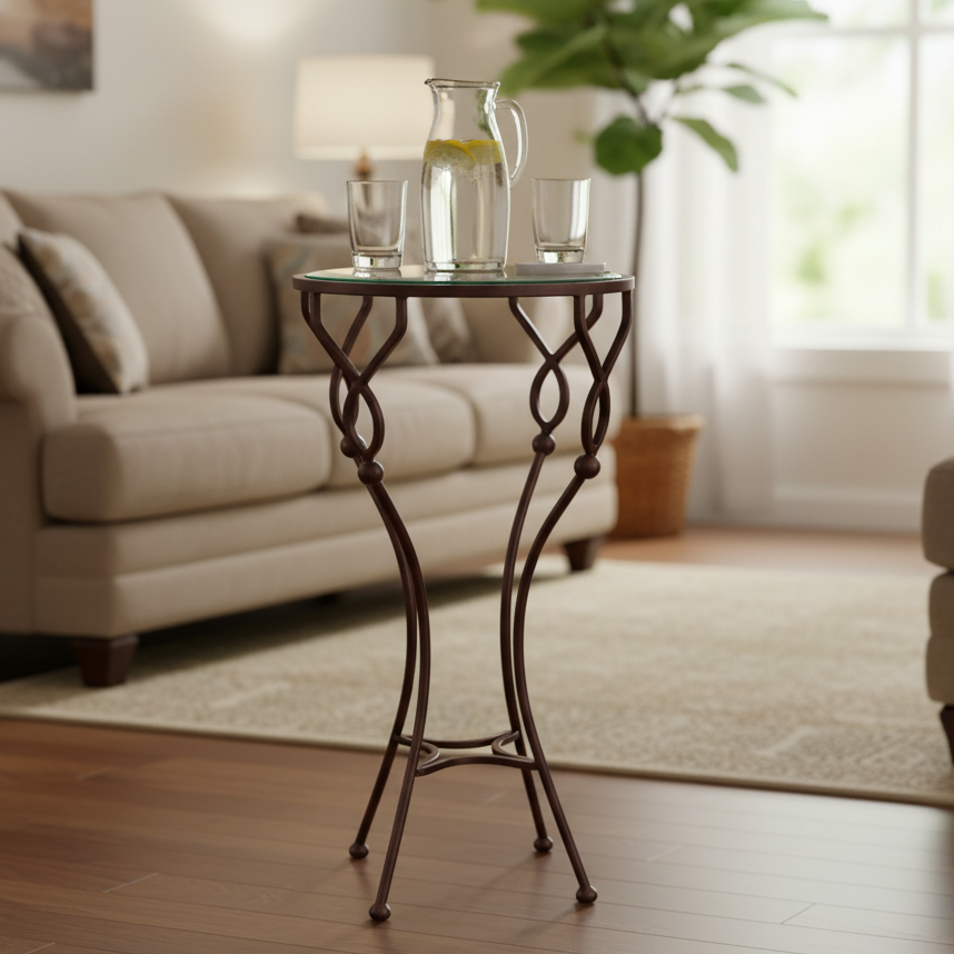Willowvine Drink Table by Brich & Bronze with ORB metal frame and glass top, placed in a living room setting.