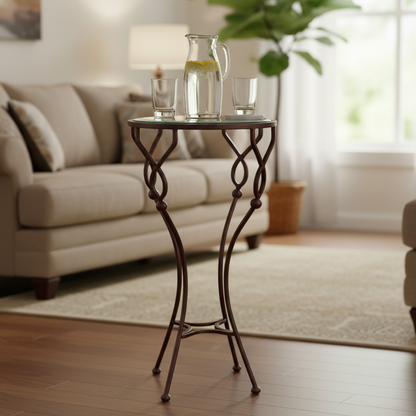 Willowvine Drink Table by Brich & Bronze with ORB metal frame and glass top, placed in a living room setting.
