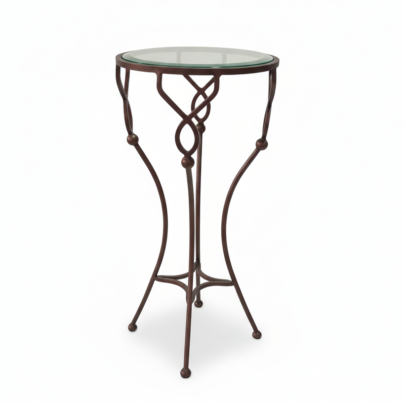 Brich & Bronze Willowvine Drink Table with ORB metal frame and glass top on a white background.