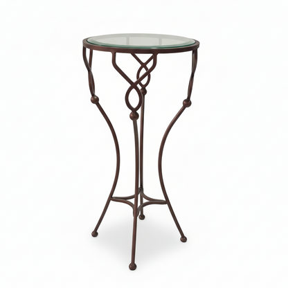 Brich & Bronze Willowvine Drink Table with ORB metal frame and glass top on a white background.