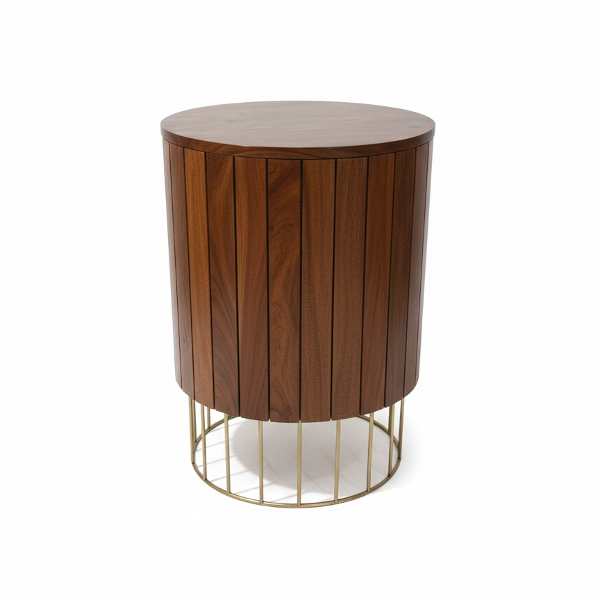 Walnut wood Arvella side table with antique brass accent, modern design, and sleek tabletop from Brich & Bronze.
