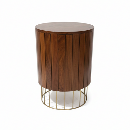 Walnut wood Arvella side table with antique brass accent, modern design, and sleek tabletop from Brich & Bronze.