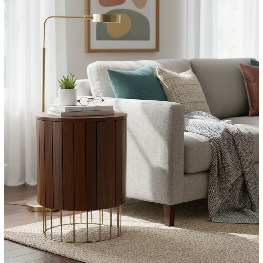 walnut wood side table with antique brass base for living room