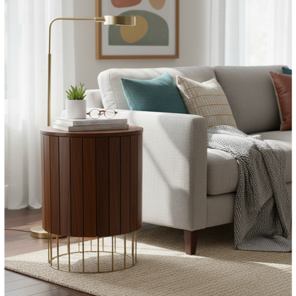 walnut wood side table with antique brass base for living room