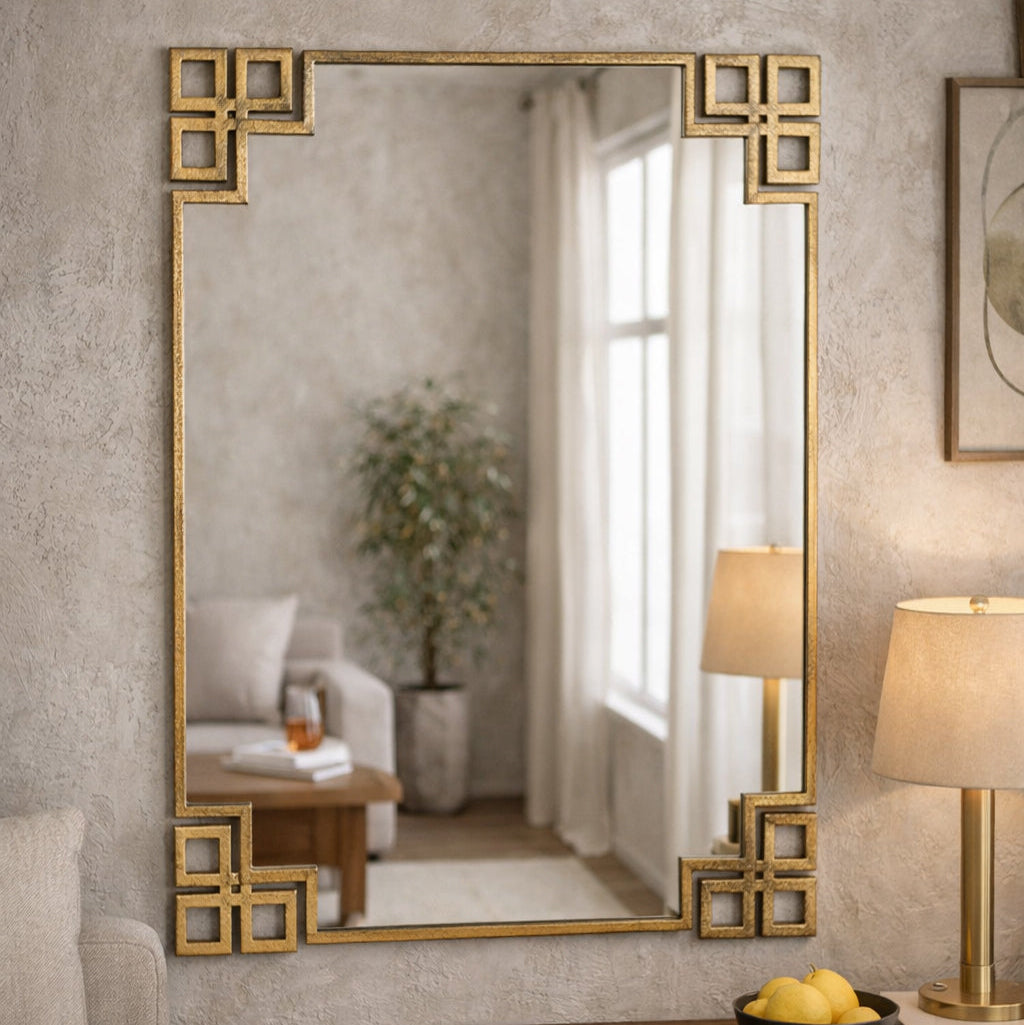 Rectangular gold leaf geometric mirror with a modern frame, featuring clean lines and a stylish design.